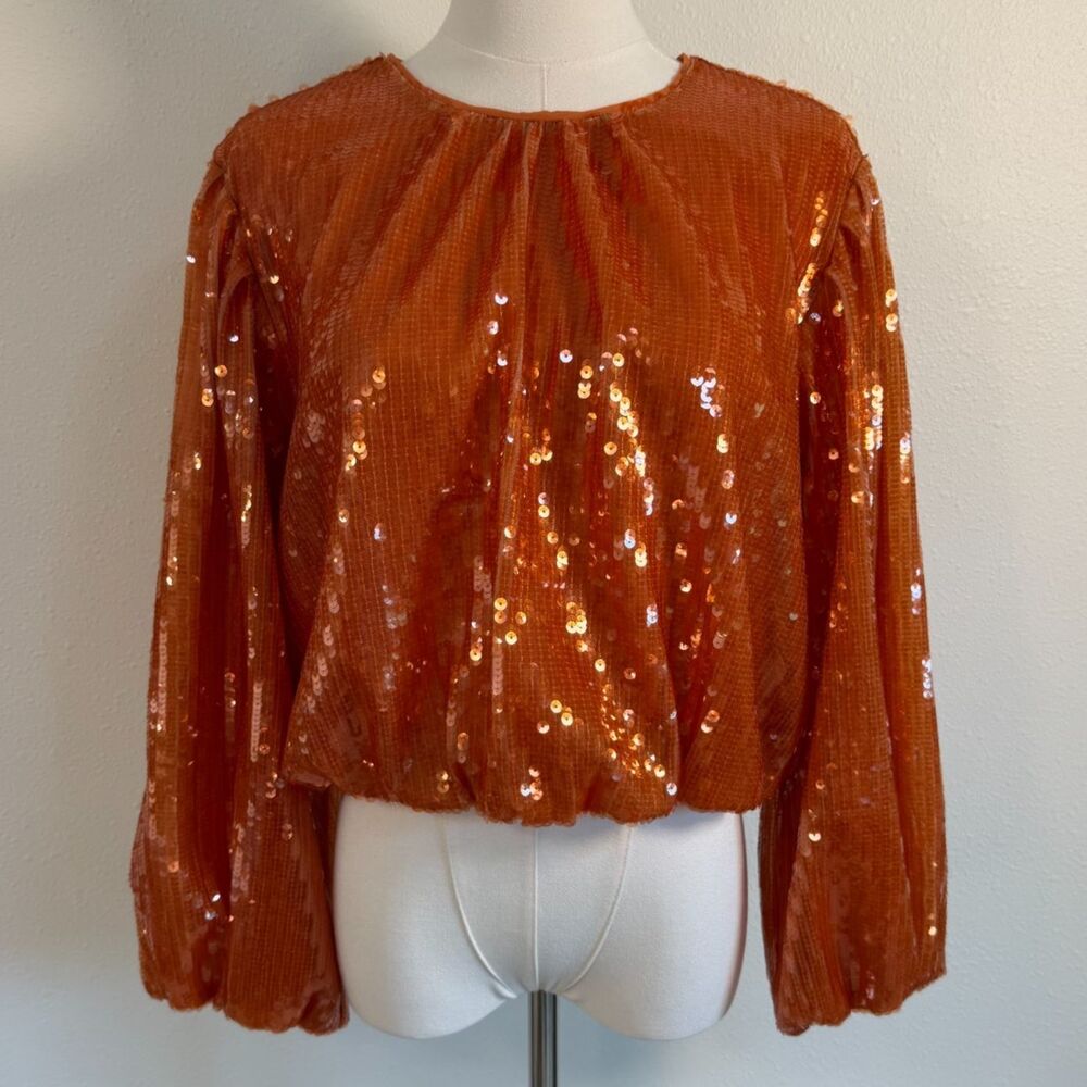 J.Crew NWT Cropped Sequin Blouse M Burnt Orange Party Holiday Balloon Sleeve Top